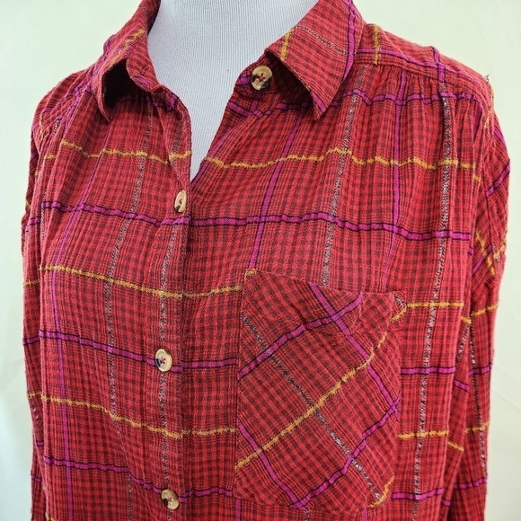 Free People Break My Stride red plaid shirt button down oversized medium - Picture 6 of 9